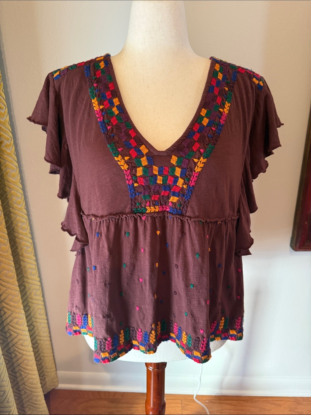 Anthropologie Brown Embroidered V-Neck Boho Blouse